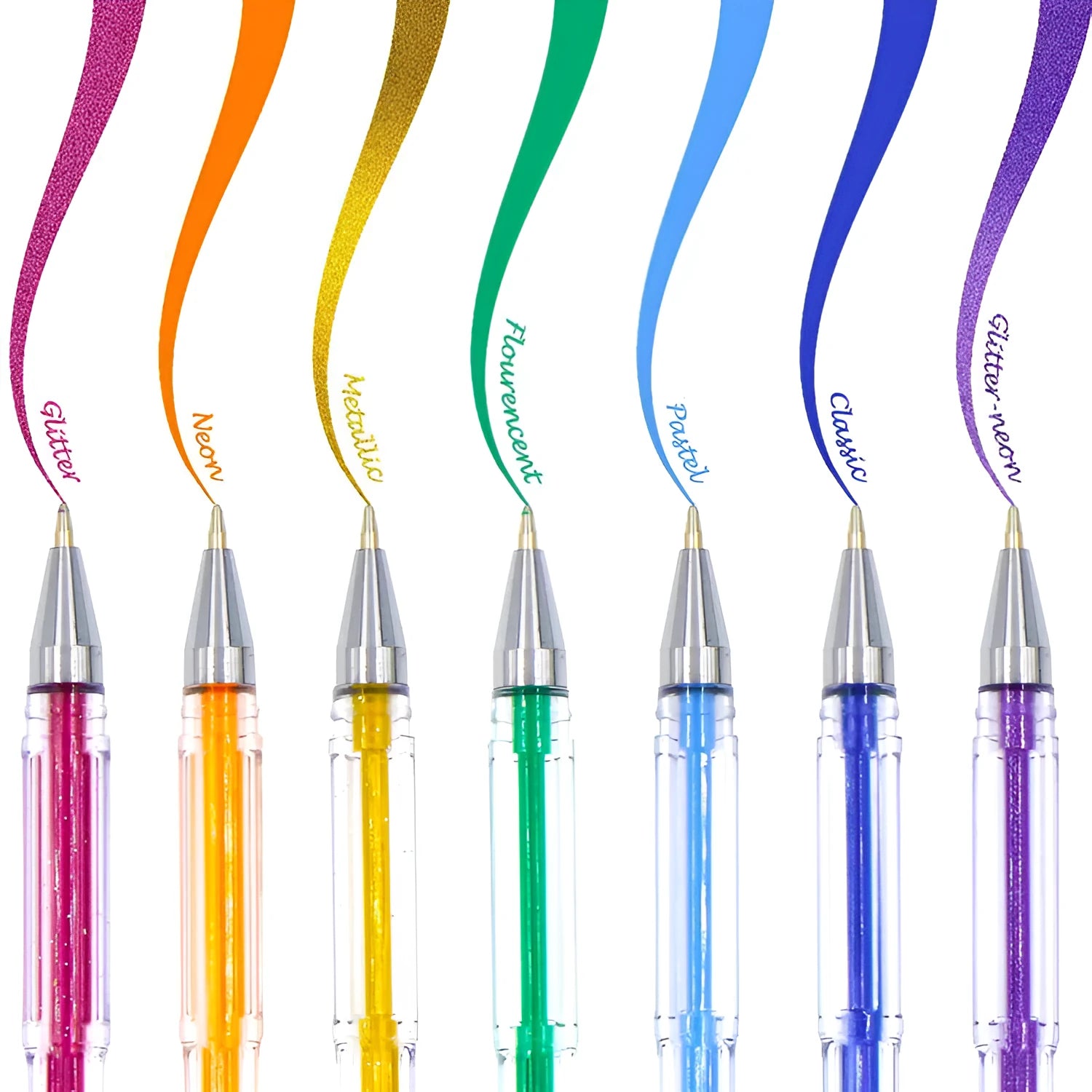 Set of 100 gel colouring pens with plastic barrels in various colours for office and stationery applications