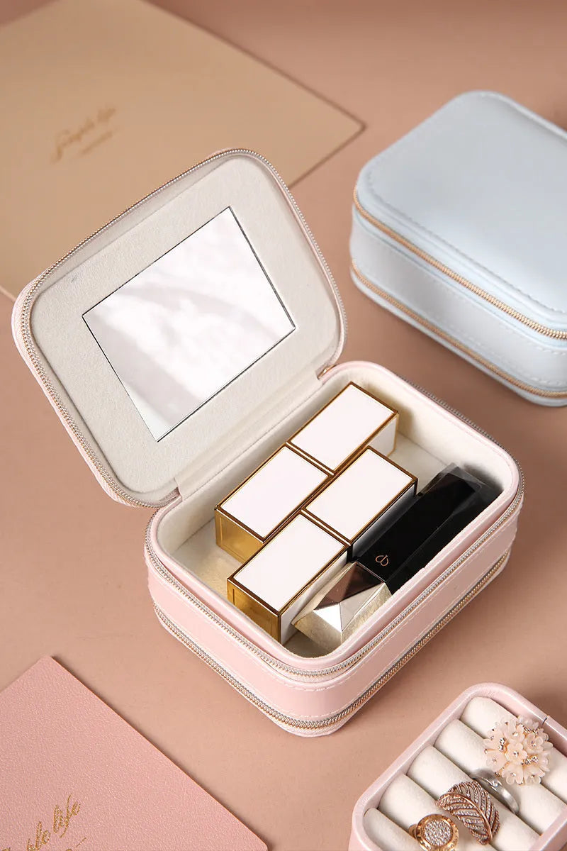 Portable travel jewelry box double-sided PU leather pearl velvet blue pink