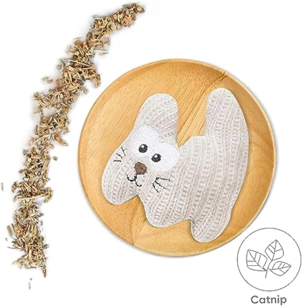 Catnip plush rope toy for cats with bell inside, cyan and light coffee colours