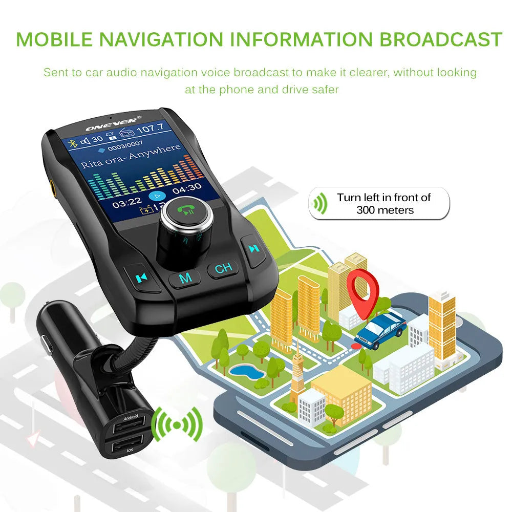 Black car Bluetooth FM transmitter with colour screen and dual USB ports for charging Apple and Android devices