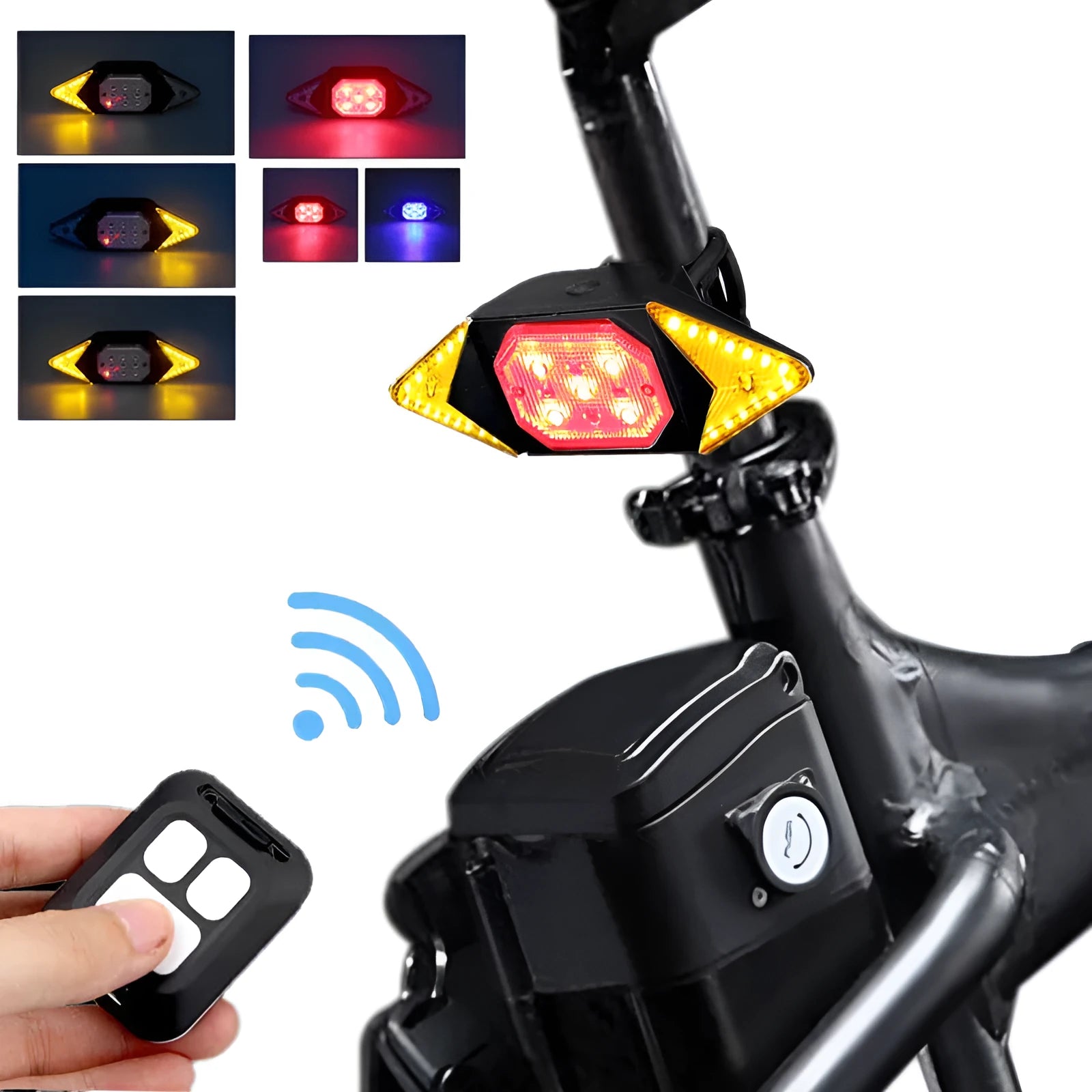 USB rechargeable bicycle turn signal with remote control, black, showing red and blue flashing LEDs