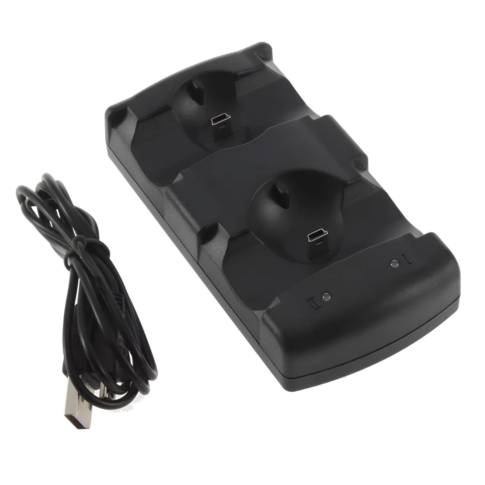 Black PlayStation 3 dual controller charging dock with USB cable on a white background.