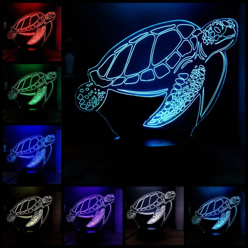 3D clear acrylic turtle-shaped LED night light with multicolour glow on a dark surface.