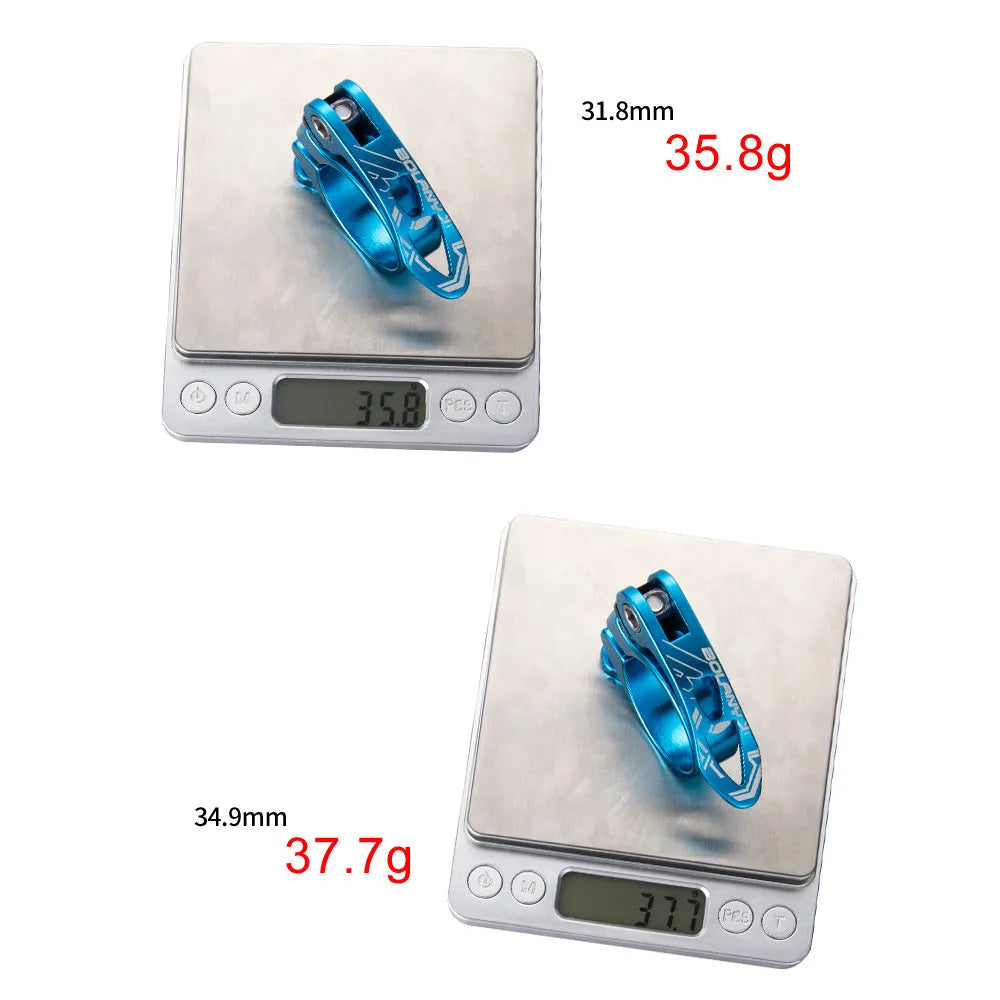 Aluminium alloy bicycle seat post clamp in black, blue, gold, or red colour with 31.8mm or 34.9mm diameter options