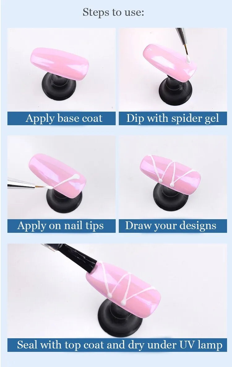 Six 5ml bottles of nail elastic drawing gum in black, white, blue, red, glitter gold, and glitter silver for DIY nail art