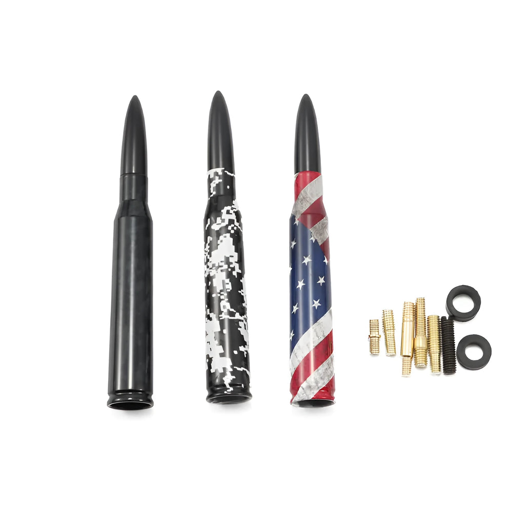 14cm bullet car antenna in camouflage green, American flag, and black colour options for modified vehicles