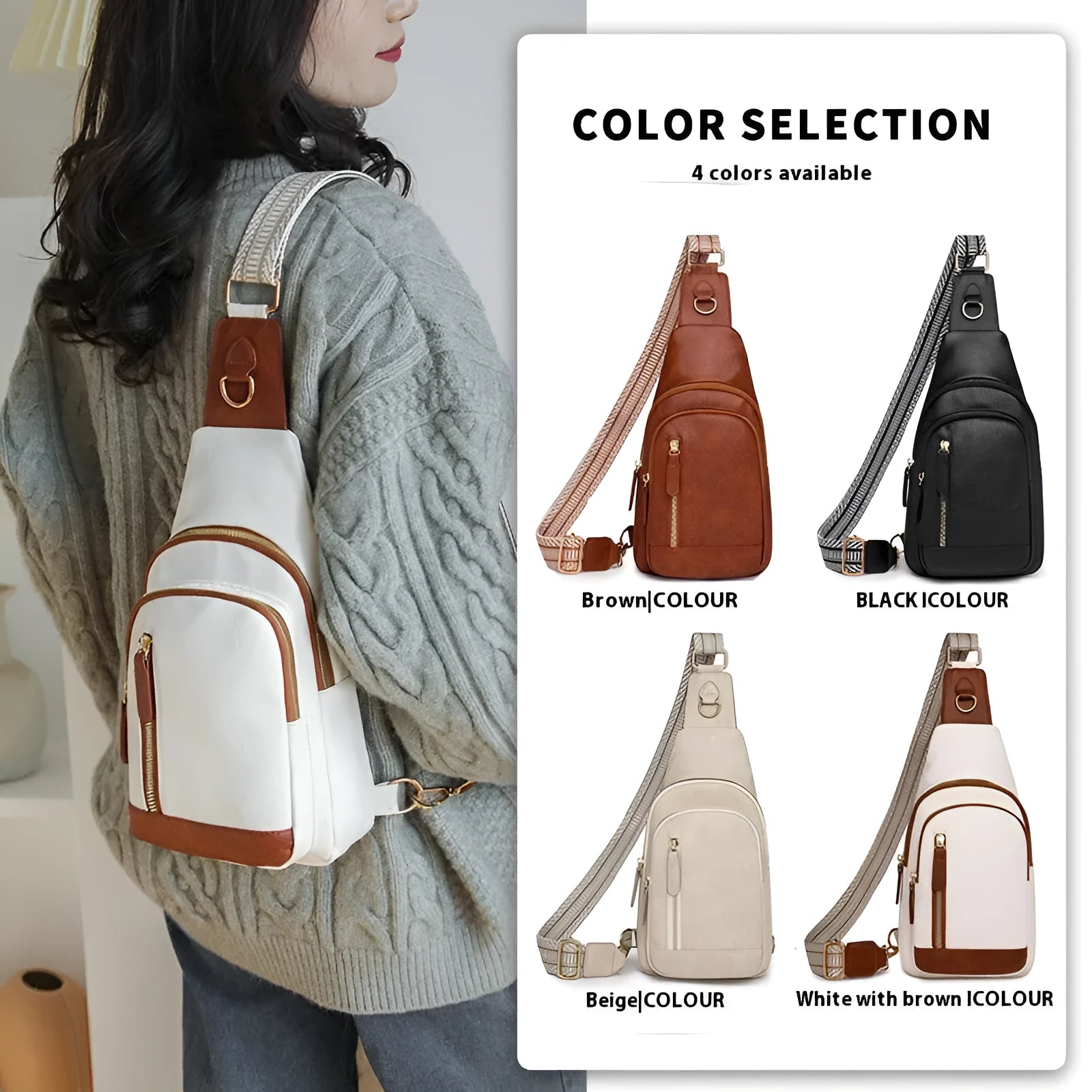 Soft brown PU leather women's crossbody chest bag with open front pocket.