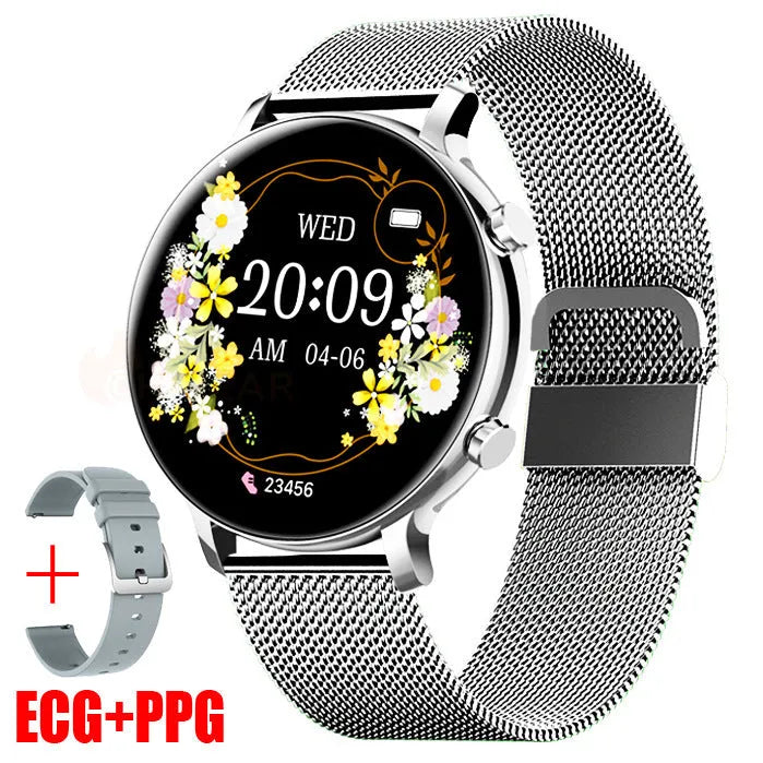 Black Bluetooth smartwatch with stainless steel strap showing call and heart rate monitoring functions on screen.