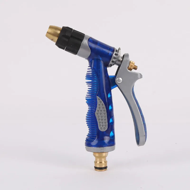 Copper garden hose spray gun, blue metal water nozzle, 160 x 80 x 40mm, adjustable mist to jet spray