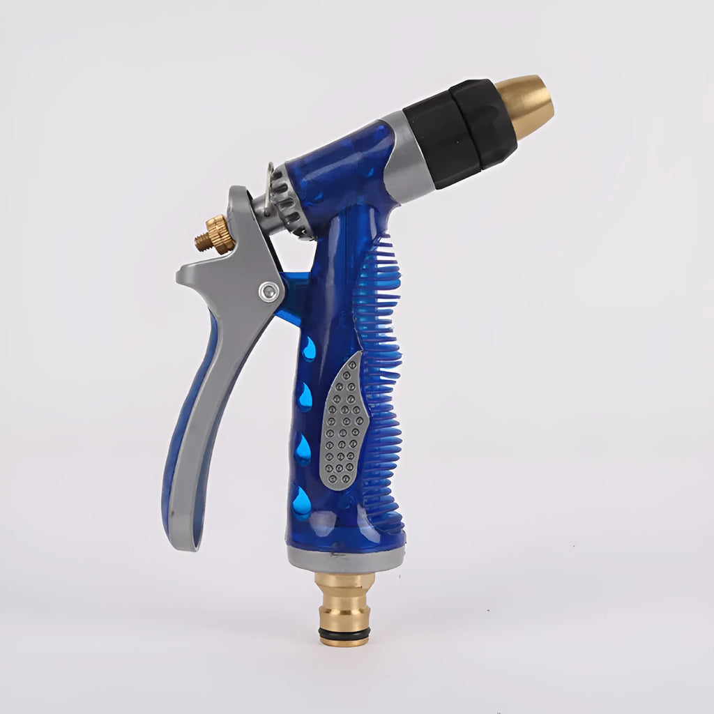 Copper garden hose spray gun, blue metal water nozzle, 160 x 80 x 40mm, adjustable mist to jet spray