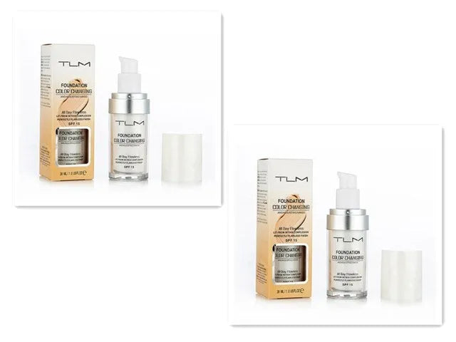 Colour changing liquid foundation bottle with SPF 50 and shade-sensing beads, 11.9x3.9cm size.