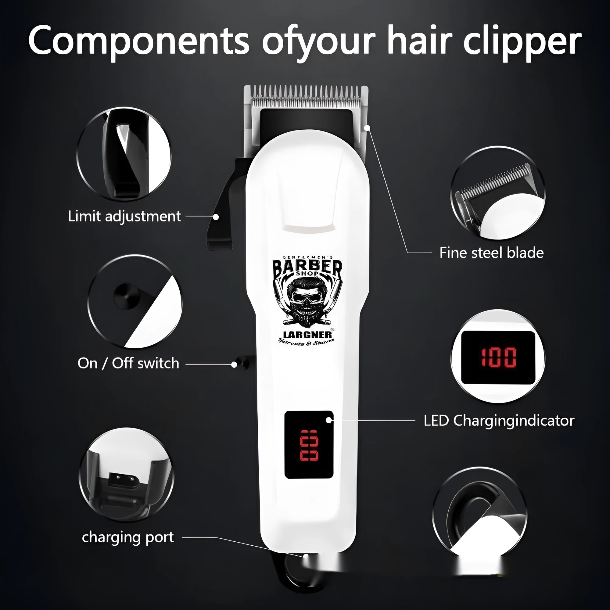 Rechargeable stainless steel hair clipper kit with USB charging cable and 4-in-1 attachments