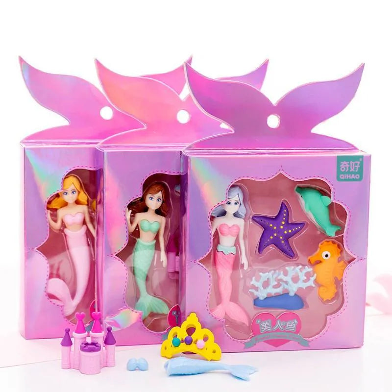 Flower Fairy and Mermaid themed TPR pencil eraser sets containing 12 pieces measuring 14cm by 13cm