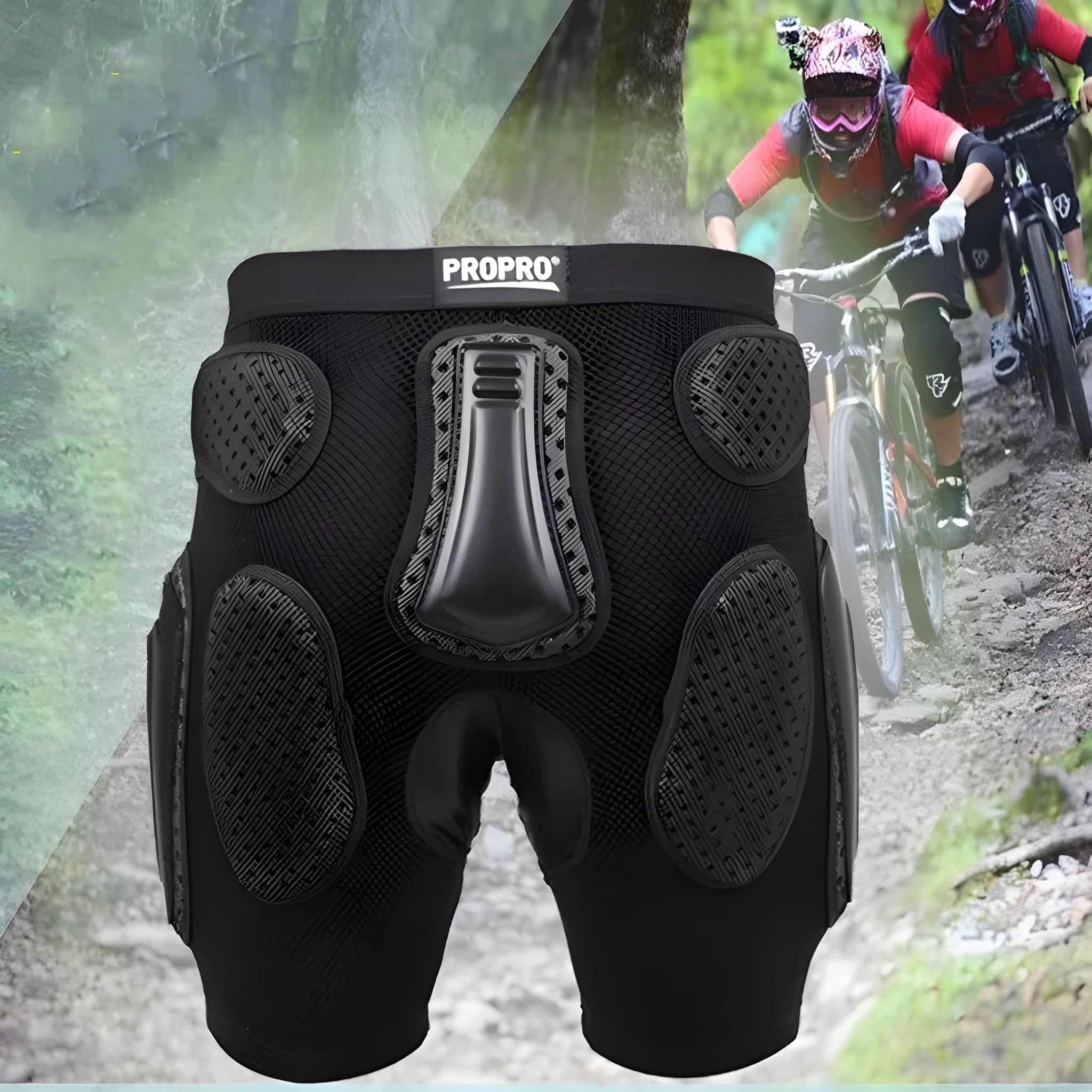 Black cycling hip protection pants showing integrated hip pad, displayed flat.
