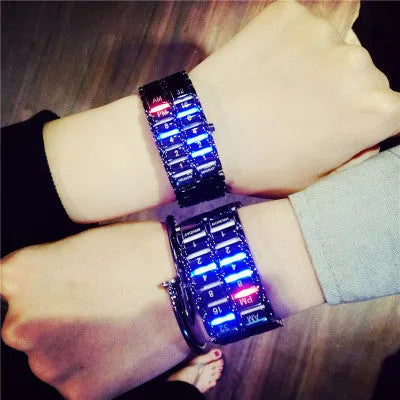 LED digital bracelet watch with alloy strap, available in large 2.7cm or small 2.1cm dial, black or silver