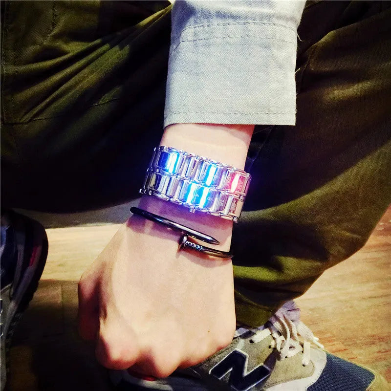 LED digital bracelet watch with alloy strap, available in large 2.7cm or small 2.1cm dial, black or silver