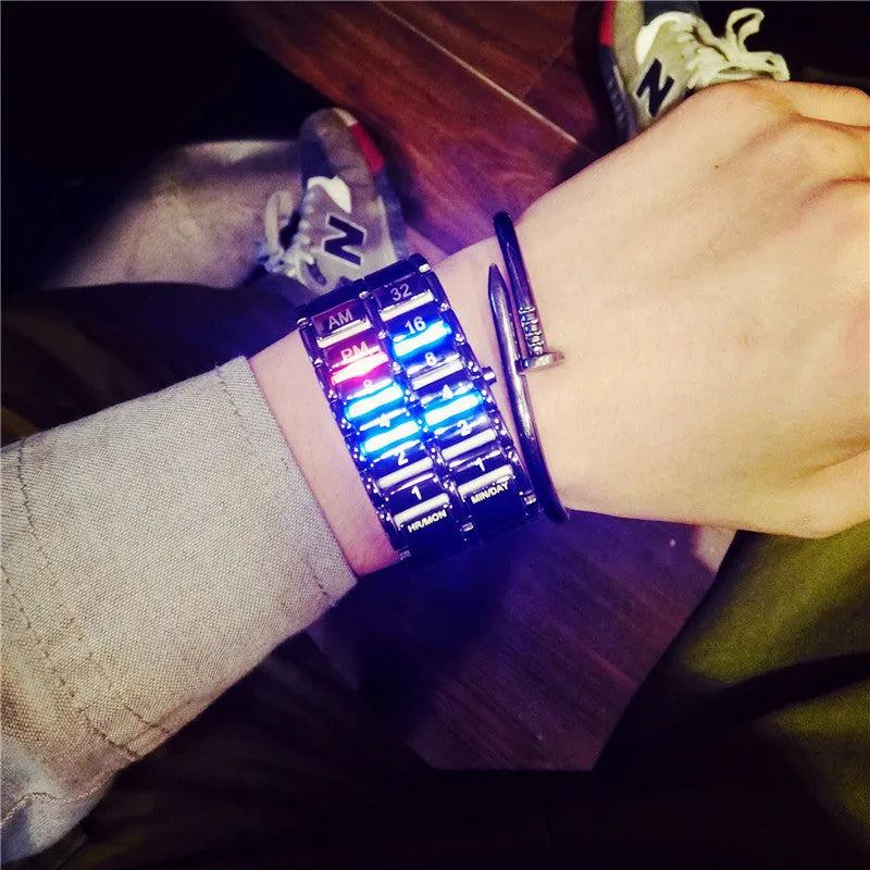 LED digital bracelet watch with alloy strap, available in large 2.7cm or small 2.1cm dial, black or silver