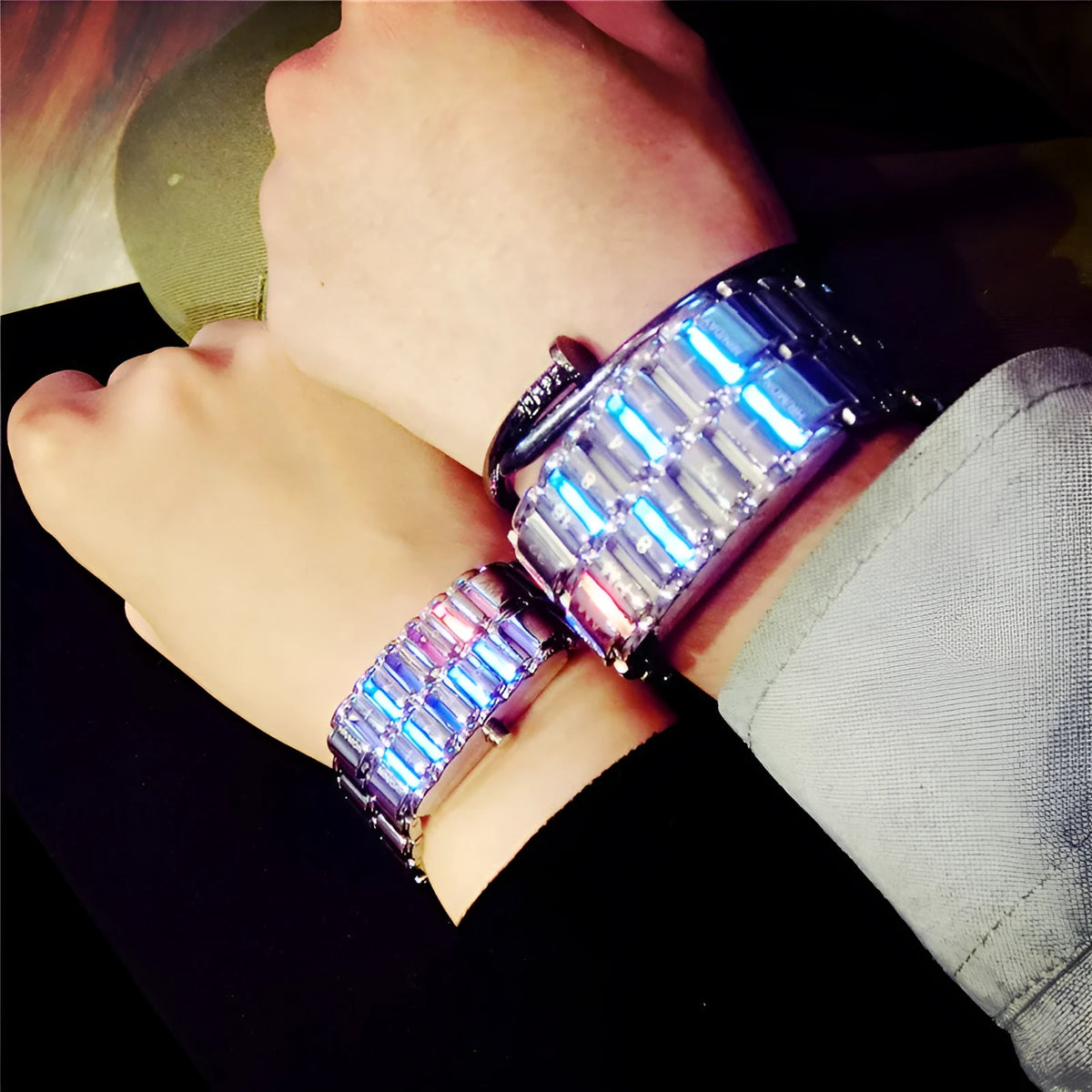 LED digital bracelet watch with alloy strap, available in large 2.7cm or small 2.1cm dial, black or silver