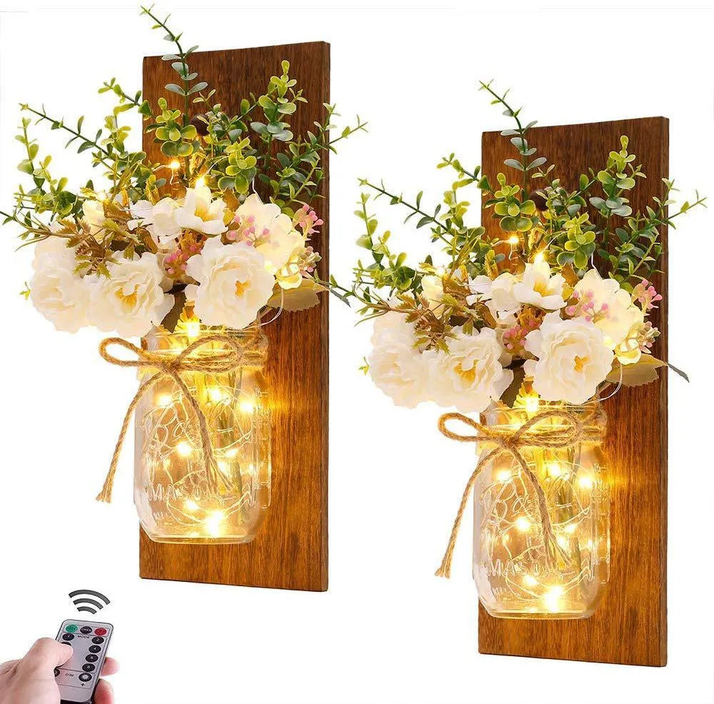 White LED petal wood wall lamp with glass shade on a wall, European modern style