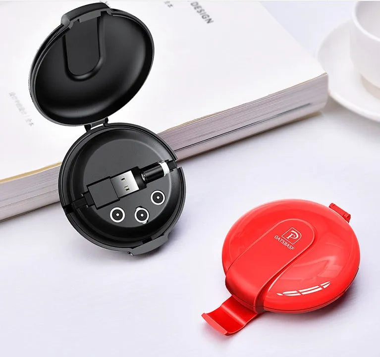Black magnetic retractable style 3-in-1 charger with car mounting patch and retractable cable