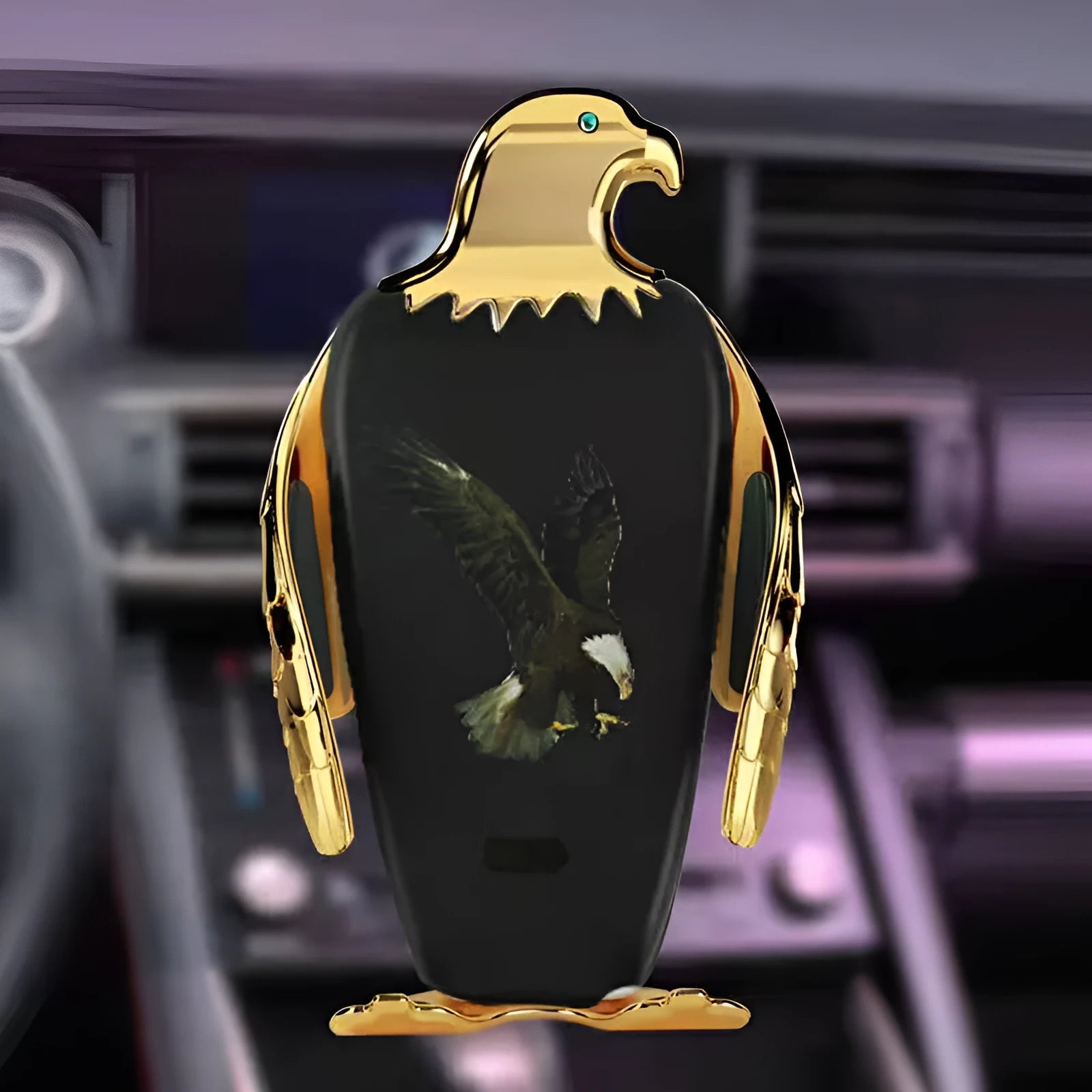 Eagle style car phone holder with wireless charging and suction cup mount in black and gold colours