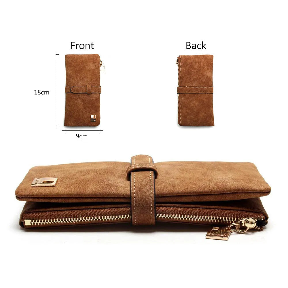 TAUREN women's retro matte leather long wallet open showing internal card slots and zip pocket
