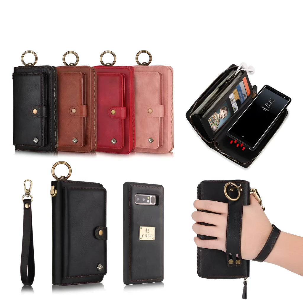 Black imitation leather zipper wallet phone case open to show card slots and phone space.