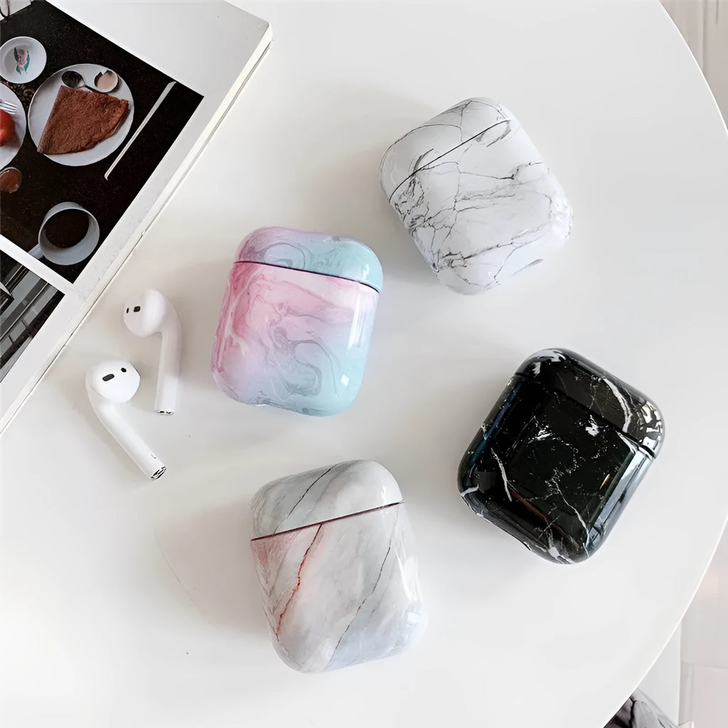White marble pattern hard protective case for AirPods 1 and 2 wireless headphones charging box.