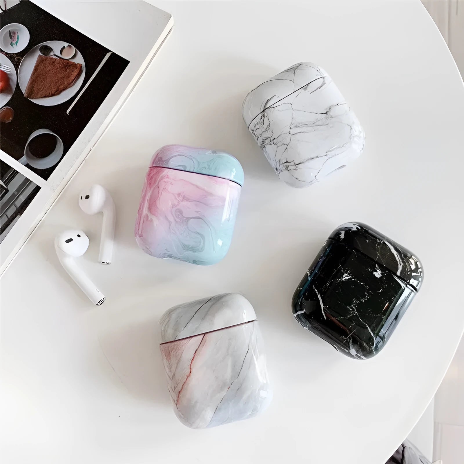 White marble pattern hard protective case for AirPods 1 and 2 wireless headphones charging box.