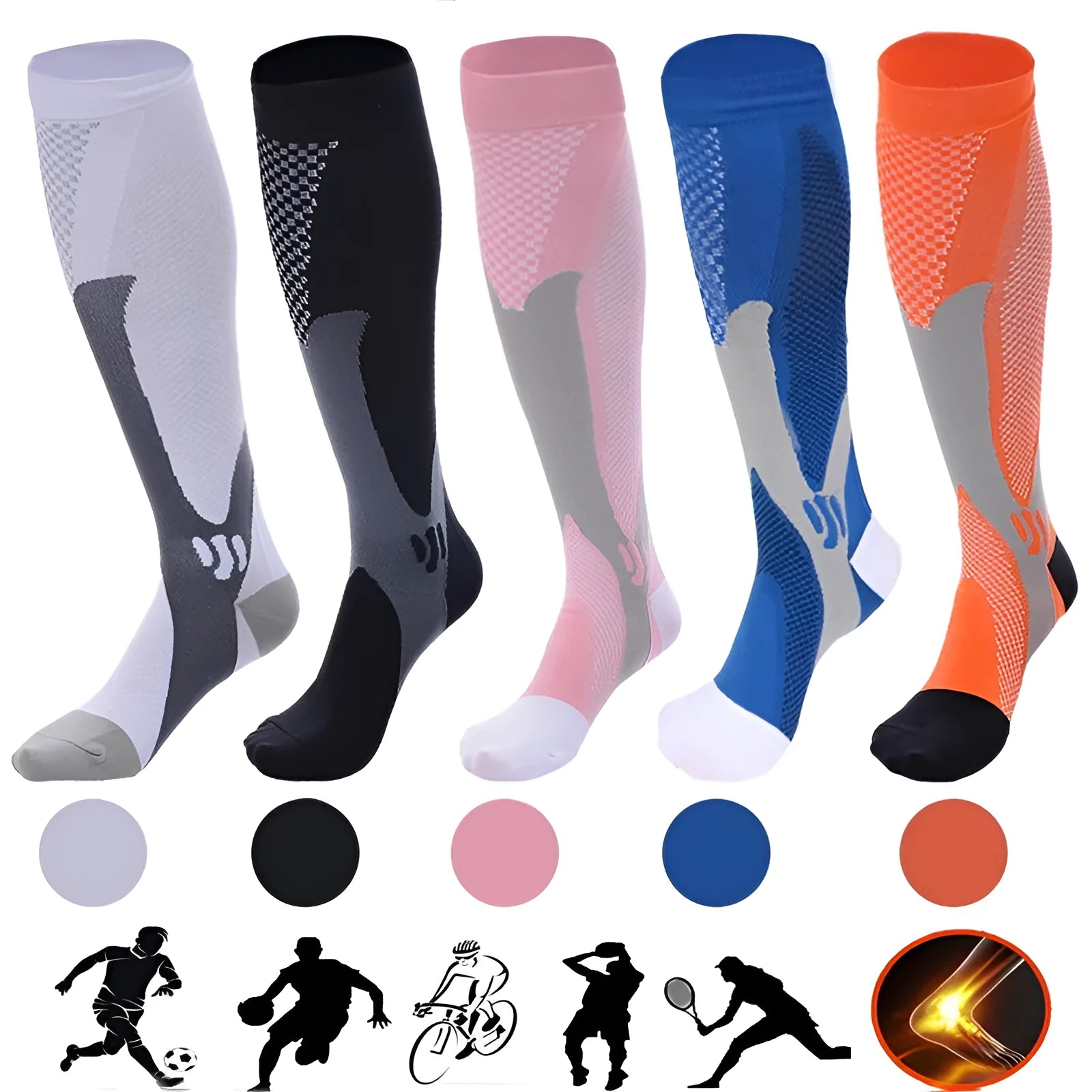 Graduated compression athletic socks for men and women in various colours with size measurements shown