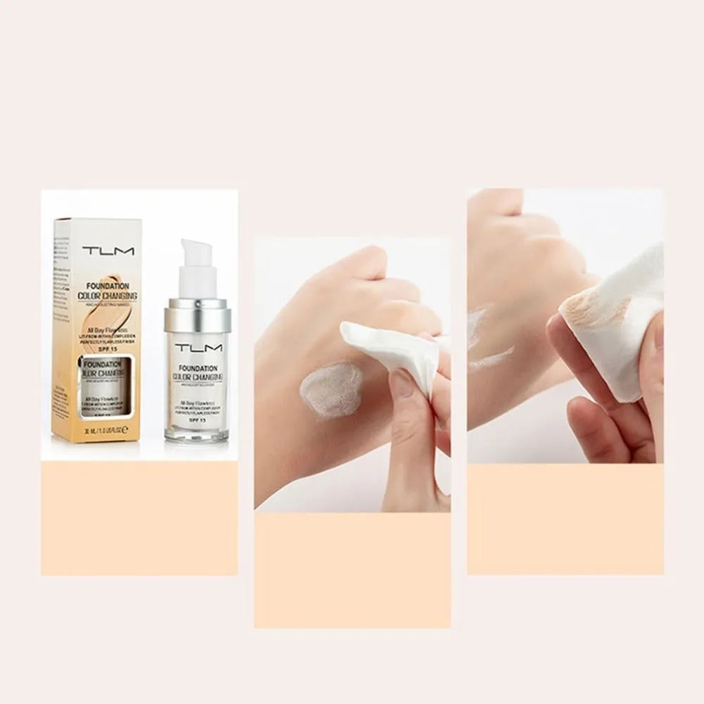 Colour changing liquid foundation bottle with SPF 50 and shade-sensing beads, 11.9x3.9cm size.
