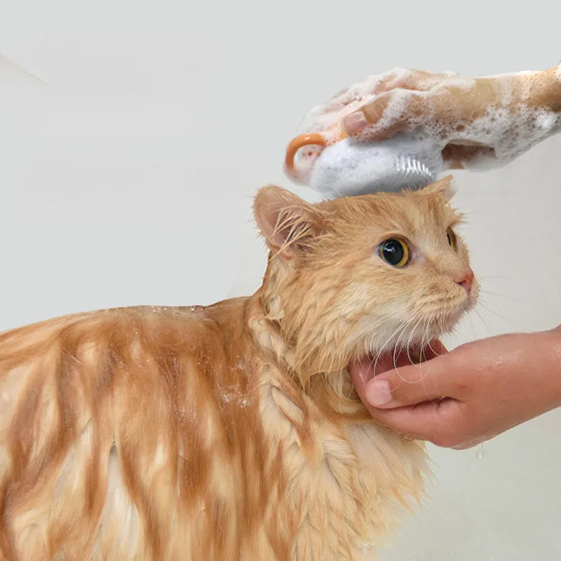 Orange TPR dog bath brush with shampoo dispenser and pumpkin-shaped grip for pet grooming