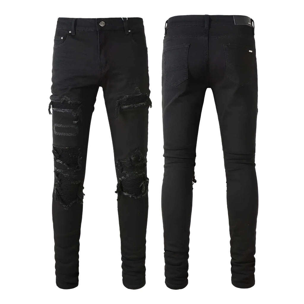 Black pleated jeans for men with double waistband, zip placket and collage splicing detail, 98% cotton