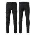 Black pleated jeans for men with double waistband, zip placket and collage splicing detail, 98% cotton