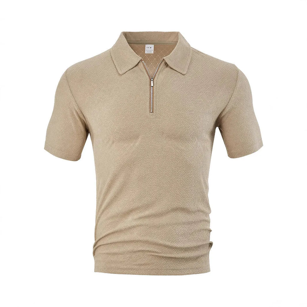 Men's loose zippered short sleeve casual shirt in white, front view with side slits
