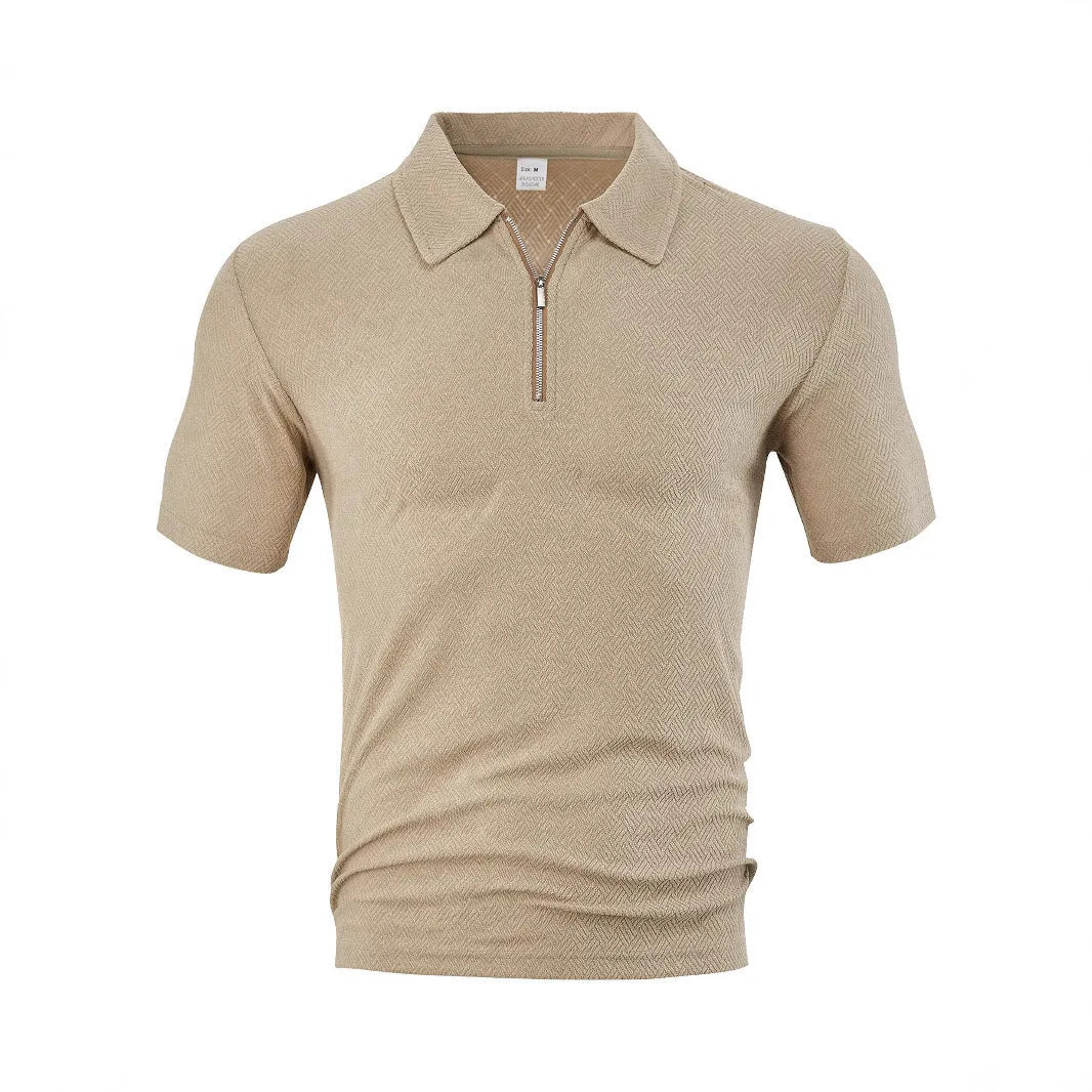 Men's loose zippered short sleeve casual shirt in white, front view with side slits