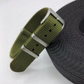Textile and nylon watch strap shown in Army Green colour with a pin buckle, demonstrating its 20mm width.