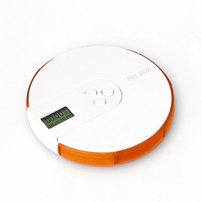 Blue 7-compartment alarm clock pill dispenser showing time display and open compartments.