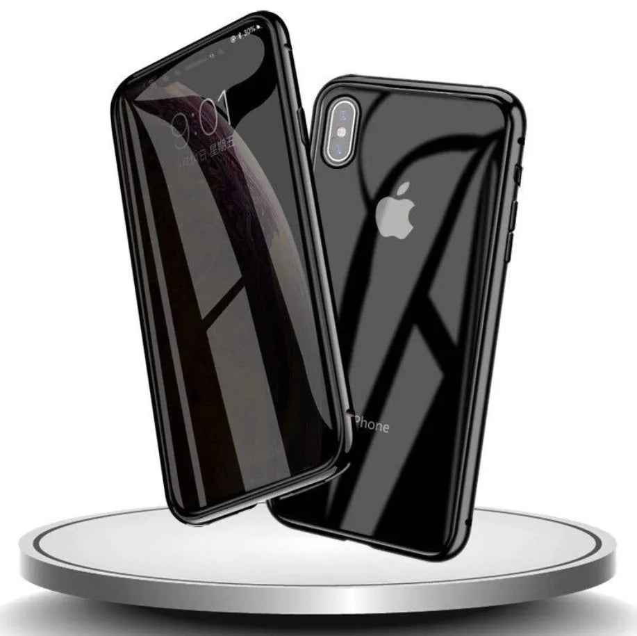 Glass clamshell anti-spy phone case with geometric design in multiple colours for iPhone models.