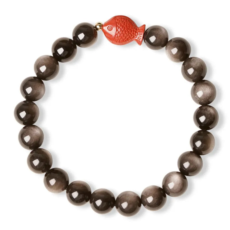 Natural obsidian round bead bracelet with red cinnabar accents and fungus decorative elements