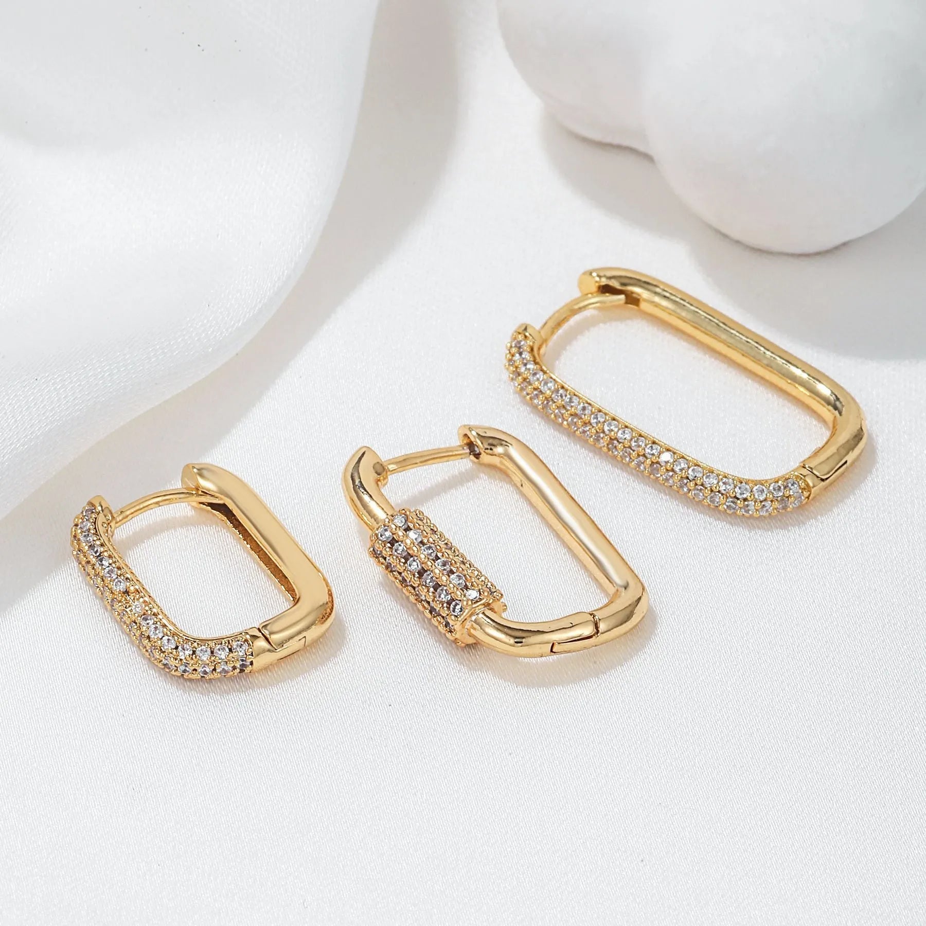Set of three geometric zircon ear clips in gold and white finishes with square European style