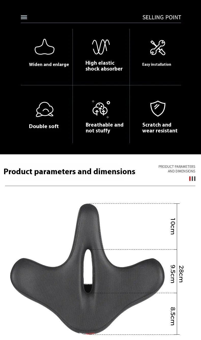 Black large thick bicycle saddle cushion made of polyurethane foam for shock absorption.