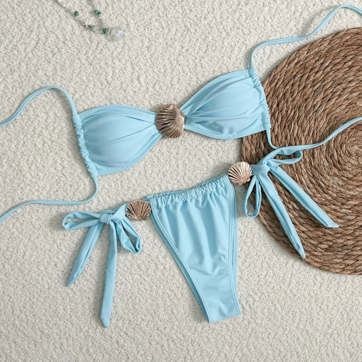 Women's high waist lace-up bikini swimsuit in solid blue polyester, front view, sizes S to XL