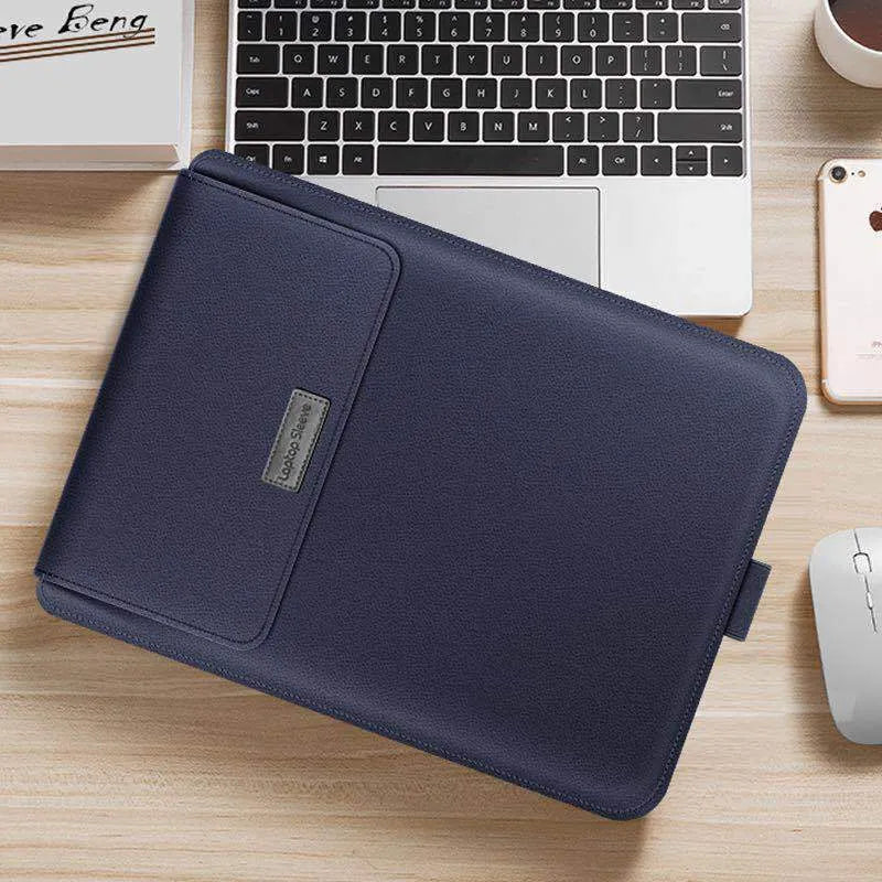 Ultra-thin PU waterproof laptop liner bag with foldable bracket and pen holder in black
