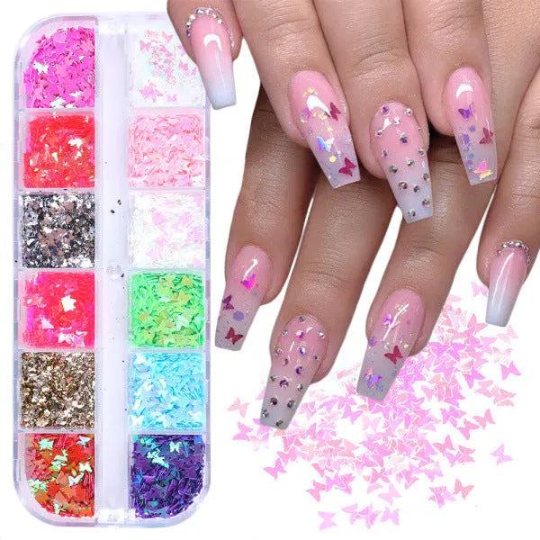 Butterfly sequin nail decoration in a 12 grid case with mixed colour glitter for natural or artificial nails