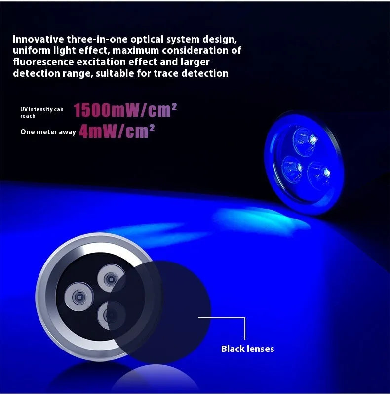 Black aluminium UV flashlight for detecting pet urine stains and insects on carpet.