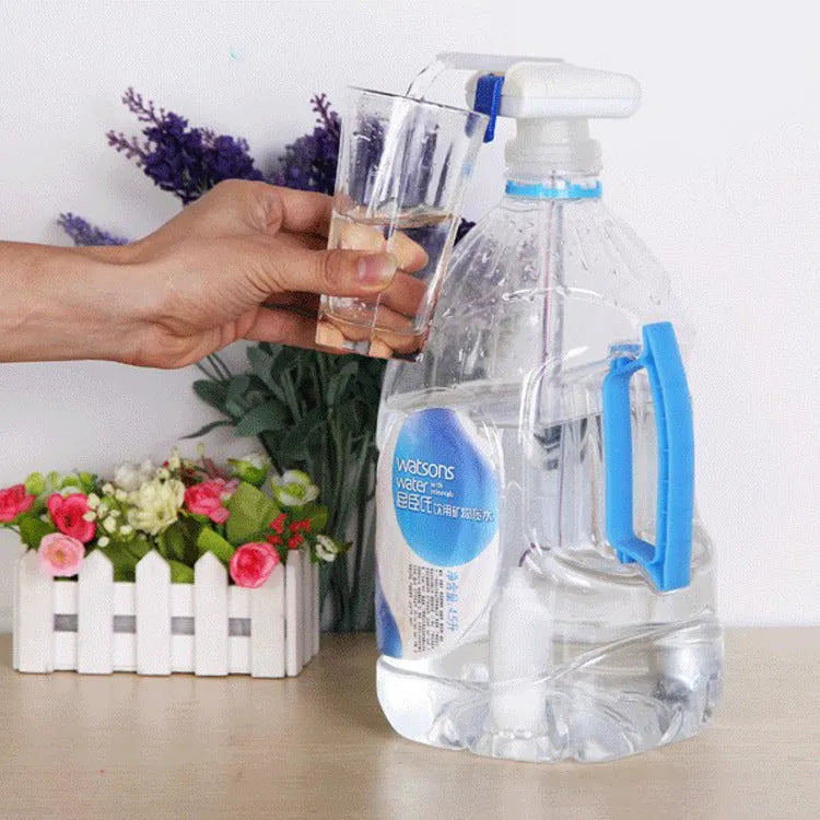 Electric beverage pumping device with a long silicone straw, shown with blue and white handle options.