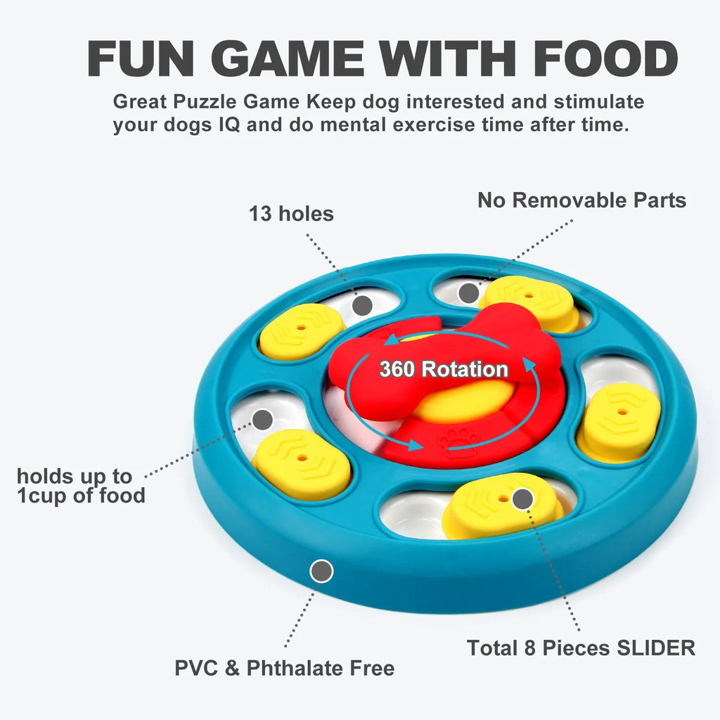 Blue plastic leak-proof feeding puzzle dog toy spinner on floor with kibble