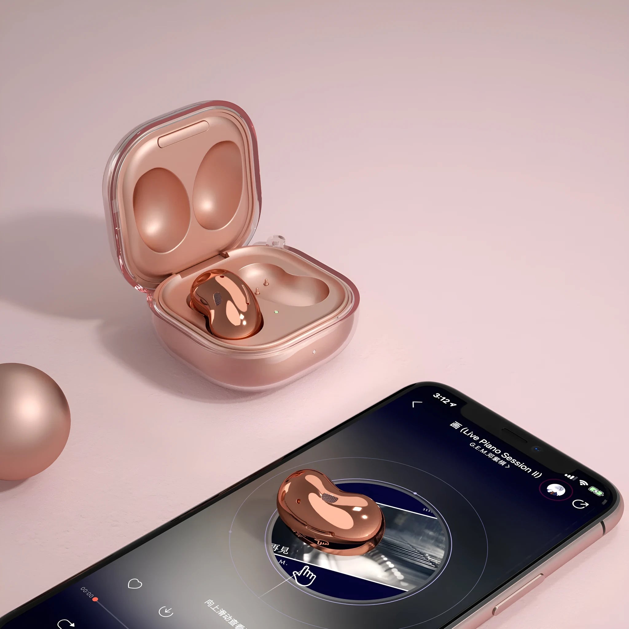 Translucent Bluetooth ear case clamshell housing in gold, purple, black and transparent colours