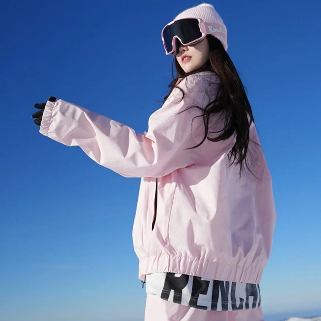 Outdoor waterproof ski suit set with jacket and trousers in cotton blend fabric for winter sports